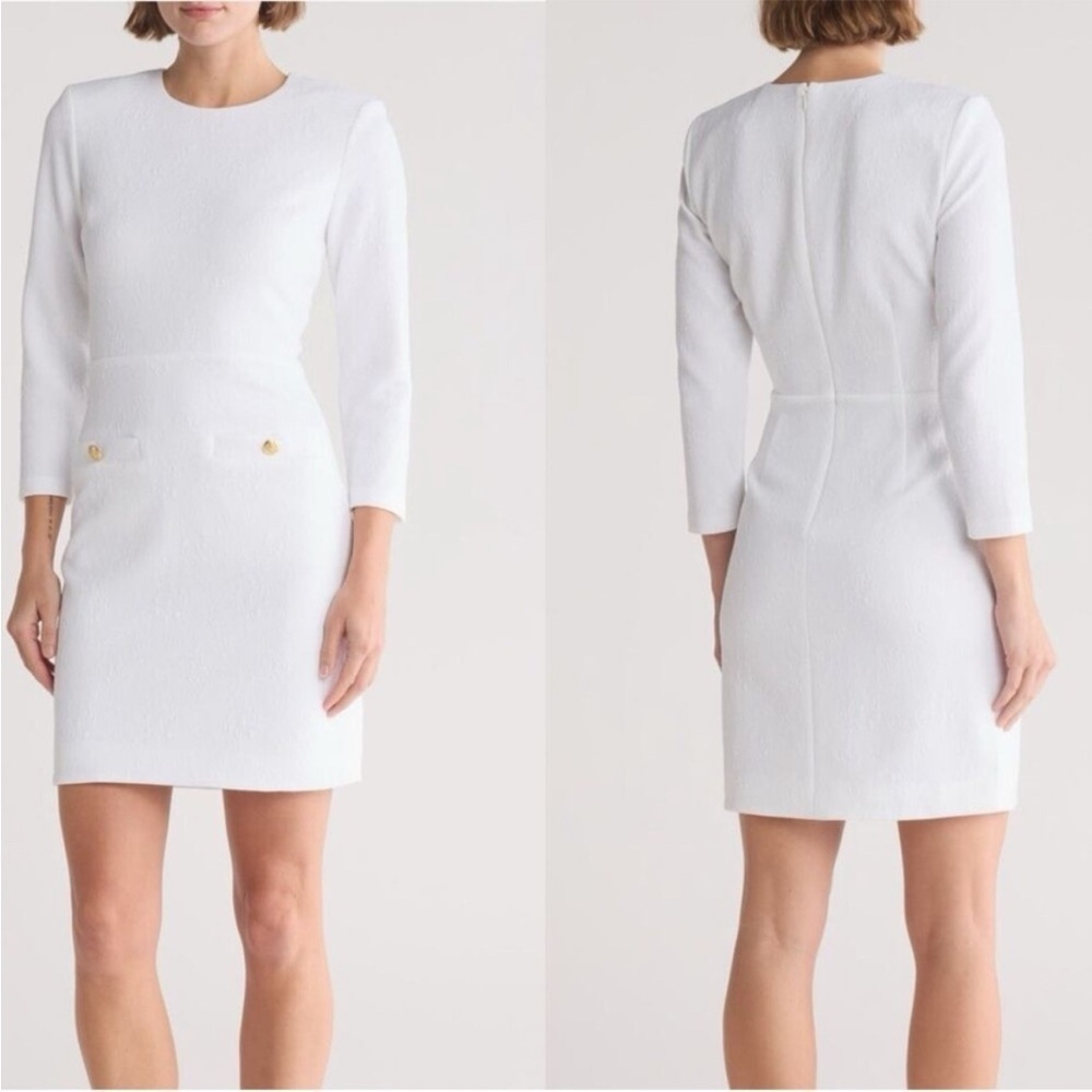 New Veronica Beard Channing Jacquard Sheath Dress In White Long Sleeve Sz 8